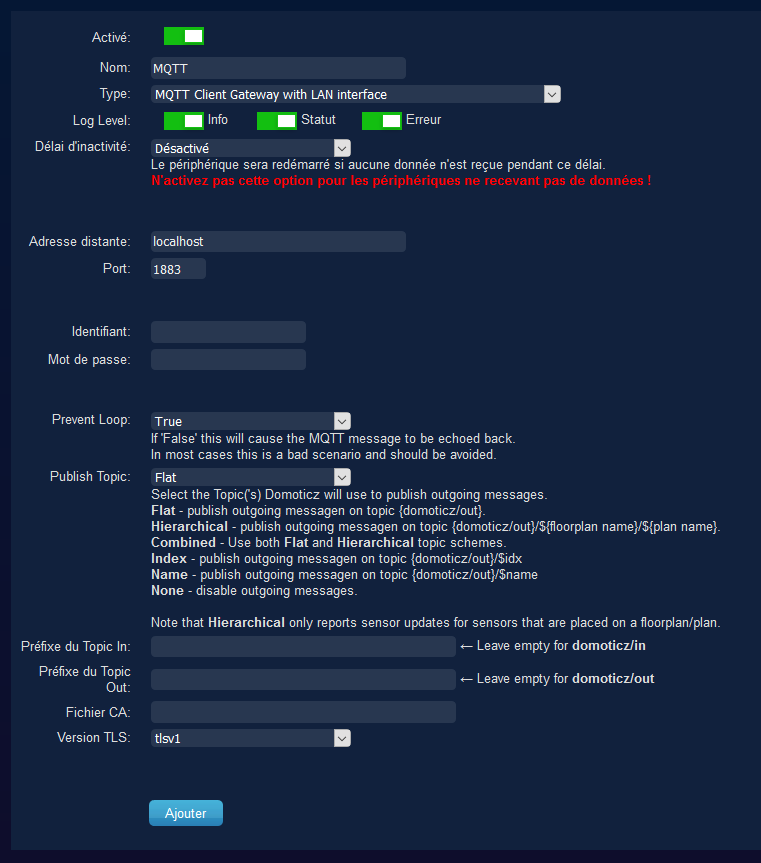 Configuration à saisir dans Domoticz