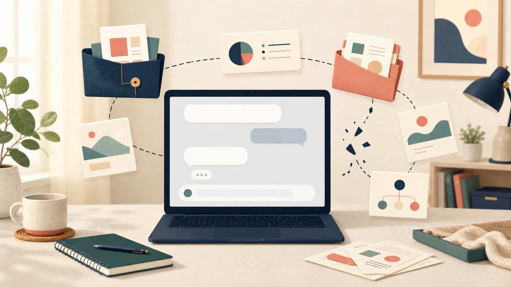 Documents professionnels dispersés autour d’un ordinateur illustrant la perte de contexte par une IA